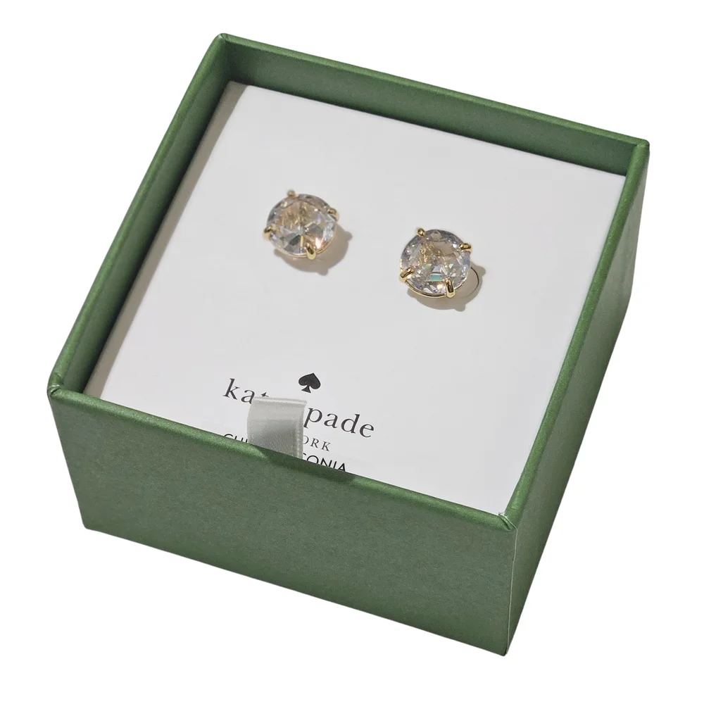 Kate Spade Round Stud Earrings Clear Gold Tone CZ Gift Box Valentine's Day Gifts